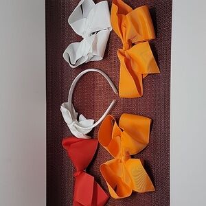 Hair Ties Lot Of 4 Grosgrain Ribbon Bows 2 Orange, 1 Red, 1 White